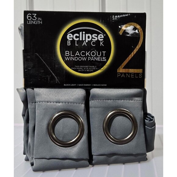 Eclipse Blackout Dark Gray Grommet Hang 2 Curtain Panel Pair Set 37" x 63" - Picture 1 of 8